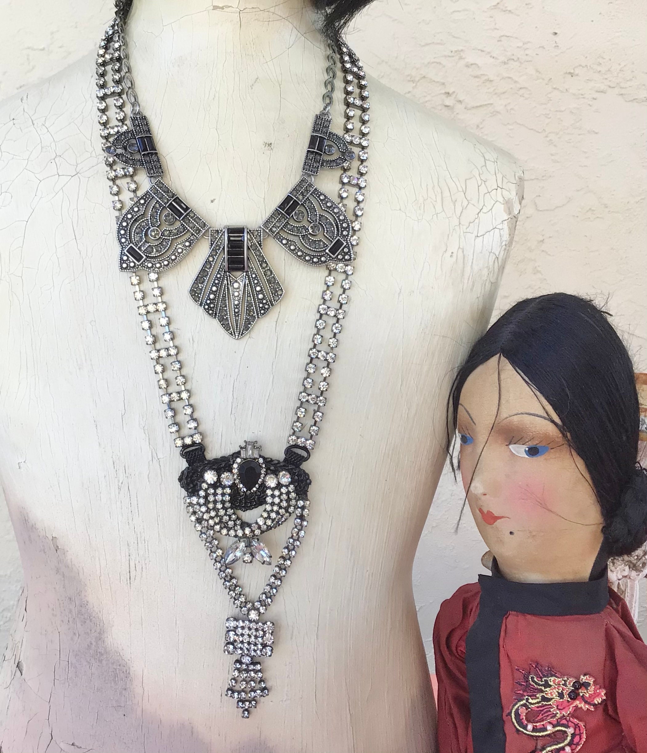 Pair of 2 Vintage Art Deco Necklace Black Marcasite Rhinestone | Etsy