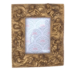 Victorian Cherub Gold Resin Heavy Picture Frame with Glass Imperfect Shabby