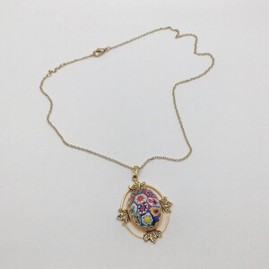 Vintage 70s Painted Floral Micromosaic Rainbow Pendant Necklace Gold tone Hippie Boho image 6