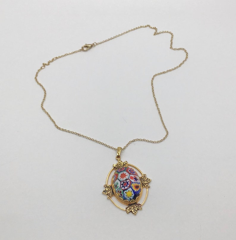 Vintage 70s Painted Floral Micromosaic Rainbow Pendant Necklace Gold tone Hippie Boho image 6