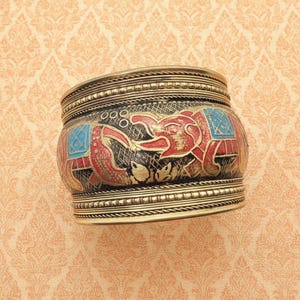 Vintage Elephant Bracelet, Enamel Bangle, Gold Tone Cuff, Bohemian Jewelry