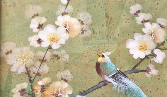 チビ印籠　黄銅　珊瑚　ガラス Vintage Bird Aviary Chinese Asian Floral Art in Gold Frame