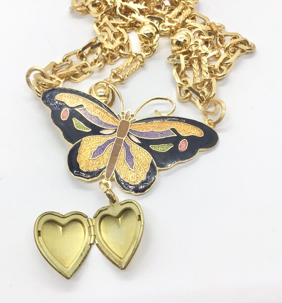Vintage Cloisonné Butterfly Heart Necklace Gold T… - image 4