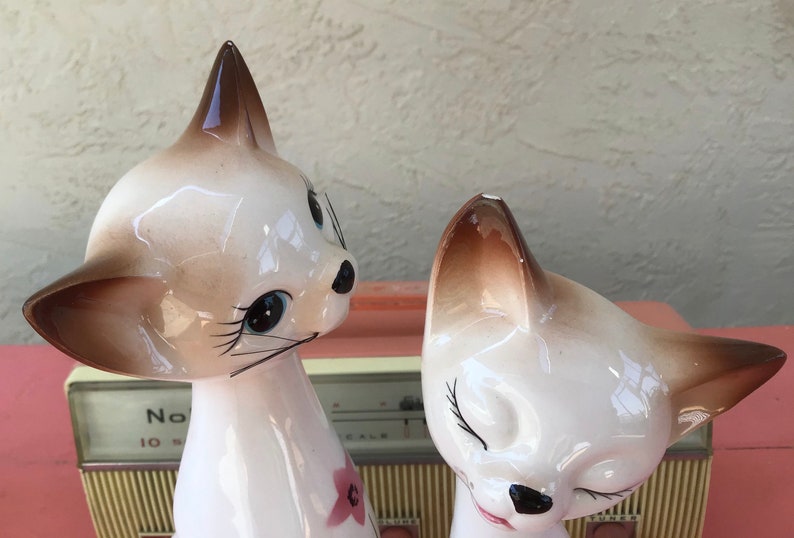 Large Vintage 50s Inarco PAIR of Floral Cats MCM Decor Ceramic Figurines 14 and 13 inches