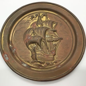 Vintage 1970s Brass Ship Coastal Nautical Wall Art Plate Decor Modern Bohemian