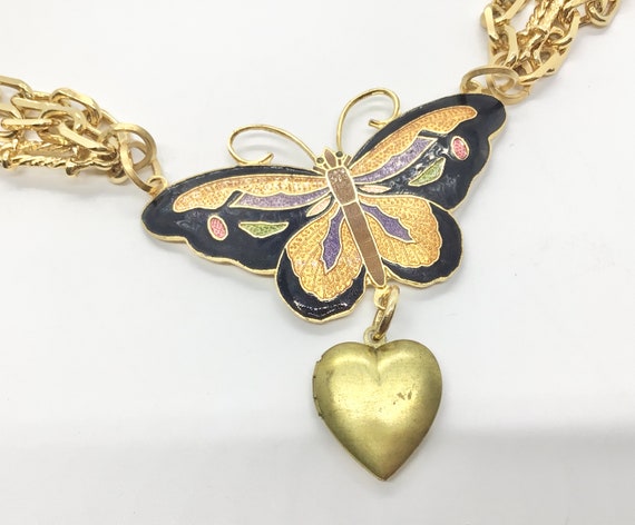 Vintage Cloisonné Butterfly Heart Necklace Gold T… - image 1