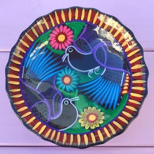 Vintage Mexican Hand painted Bird Flowers Pottery Decorative Footed Bowl Dish Bohemian Boho Folk Art
