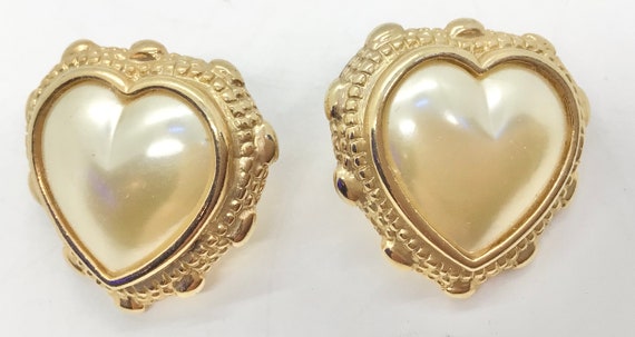 Vintage 1990s Heart Faux Pearl Large Post Earring… - image 10