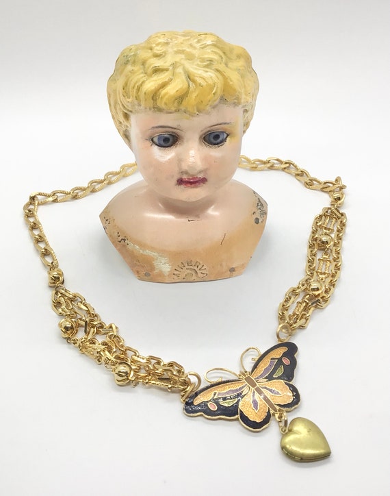 Vintage Cloisonné Butterfly Heart Necklace Gold T… - image 2