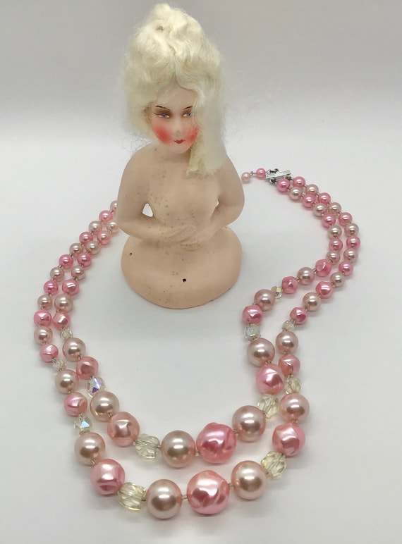 vintage 50s Light Bubblegum Pink Two Strand Plast… - image 1