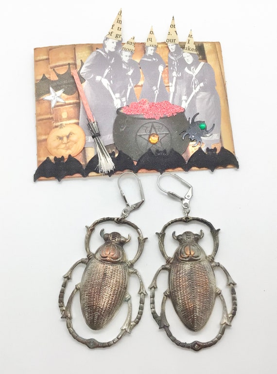 Large Copper Beetle Dangle Earrings Lever Back fo… - image 7