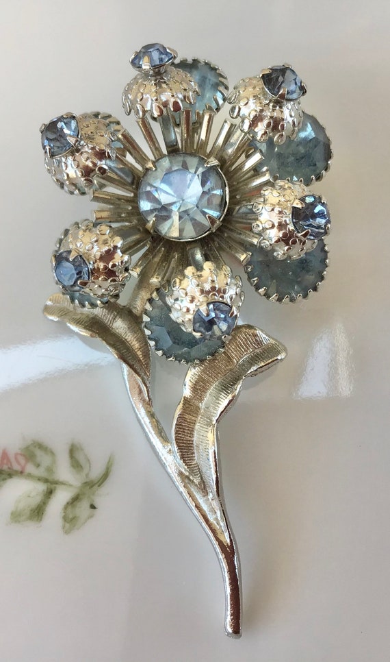 Vintage Pale Blue Rhinestone Flower Pin Brooch Flo