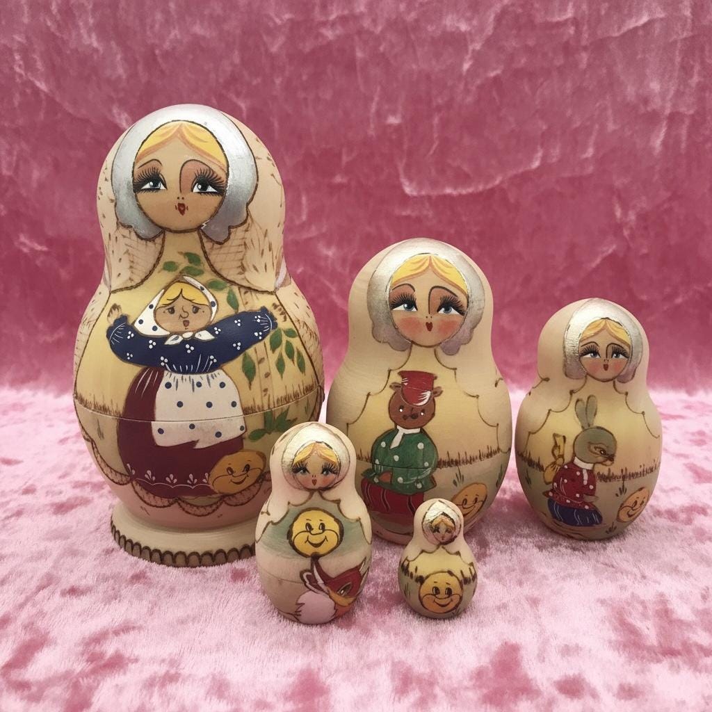 ヴィンテージ 5 ピース入れ子人形セット、パイログラフィー 