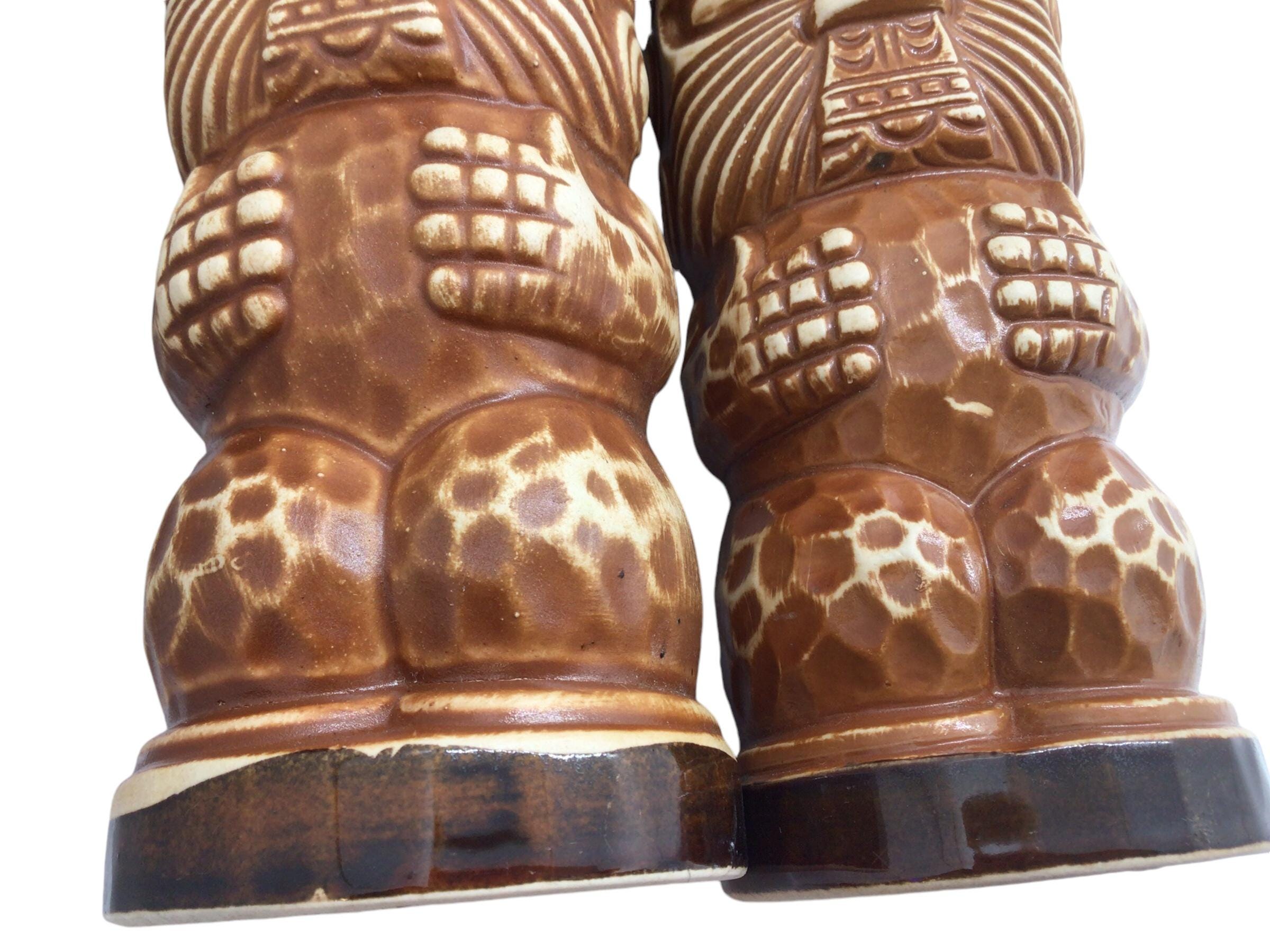 Set of Two Vintage Brown Tiki Gods Polynesian Ceramic Glass Vase