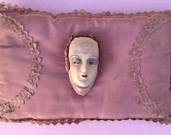 Antique French Boudoir Doll Head Pillow Dark Pink Art Deco 1920s Decor