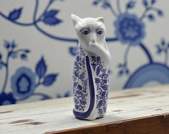 Large Vintage Blue and White Floral Ceramic Cat Figurine, Unique Home Accent