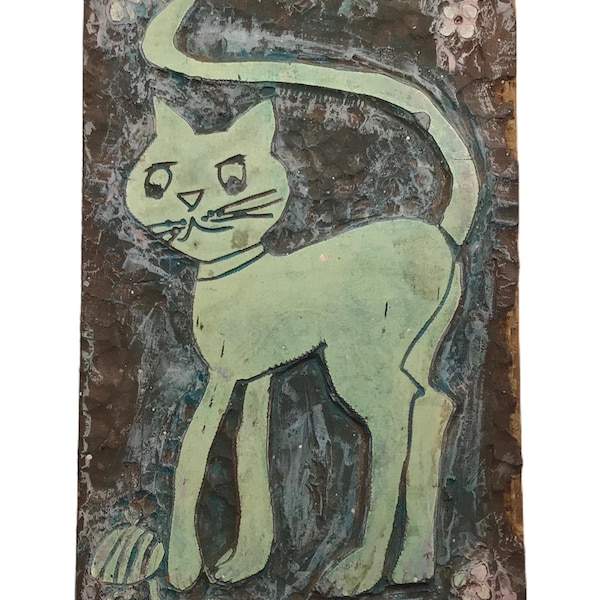Vintage 1960s OOAK Handmade Cat Wood Hand Colored Kitsch Art Wall Decoration Decor