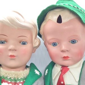 Vintage Schildkrot Pair of Boy and Girl Legless German Dolls Glass Eyes Distressed