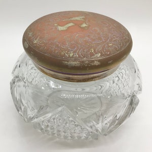 Heavy Vintage Cut Clear Glass Dresser Vanity Jar Silver tone Ornate Metal Lid