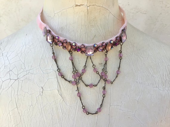 Vintage Pink Velvet Victorian Choker Necklace Ass… - image 2