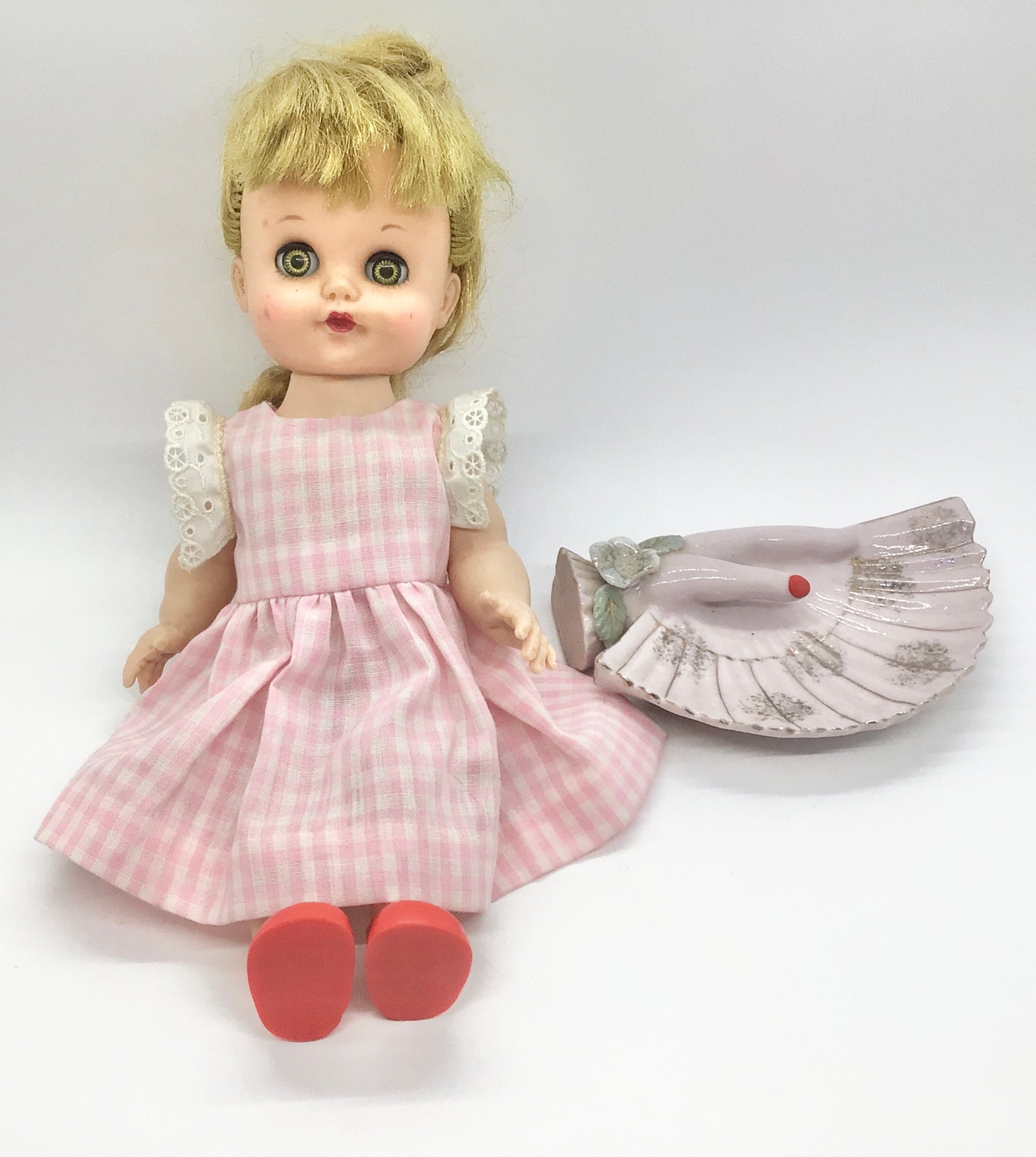 Vintage 1960s Eegee Doll Cute Pink Gingham Dress Red Shoes photo photo