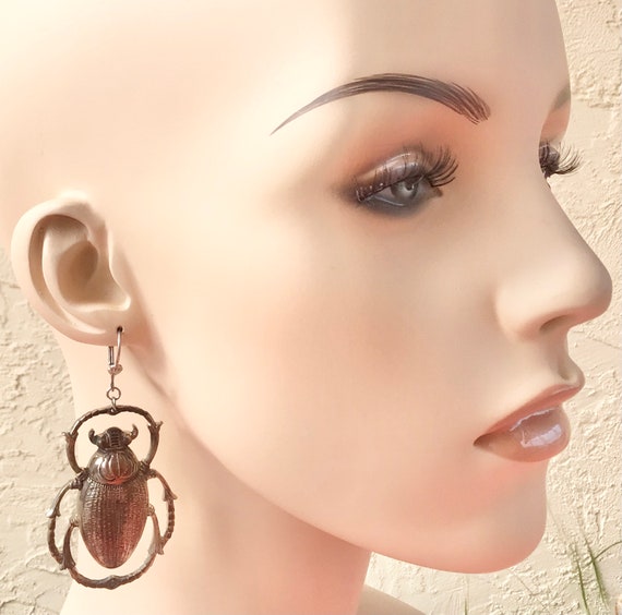 Large Copper Beetle Dangle Earrings Lever Back fo… - image 2