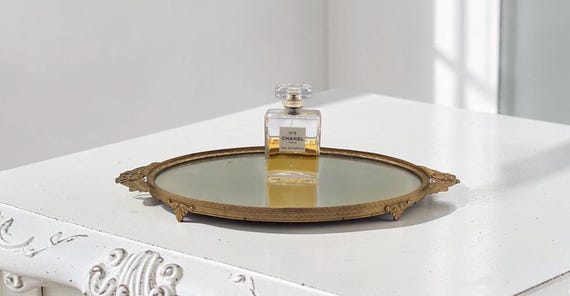 Vintage Ornate Gold Vanity Mirror Tray, Oval Filigree Dresser Mirror, Hollywood Regency Perfume Tray, Victorian Style Vanity Decor