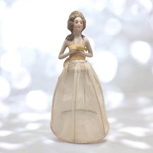 9 Inches Vintage Half Doll Figurine, Porcelain Lady Bust with Fabric Skirt, Vintage Sewing Collectible, Vanity Décor