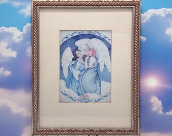 Vintage 1993 Angel Art Print in Ornate Frame, Blue Guardian Angels Wall Art