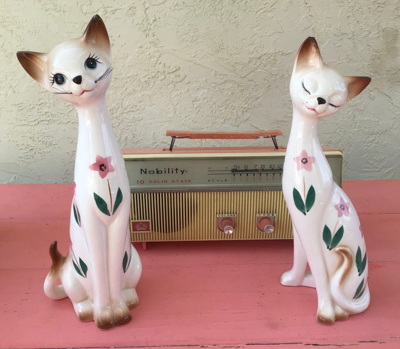 Large Vintage 50s Inarco PAIR of Floral Cats MCM Decor Ceramic Figurines 14 and 13 inches