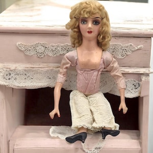 Vintage Boudoir Doll Blonde Curls, French Bed Doll, Distressed Tattered Shabby Muse