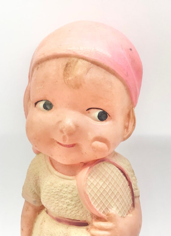 Vintage 1930s Celluloid Carnival Kewpie Doll Tennis Girl With Dog