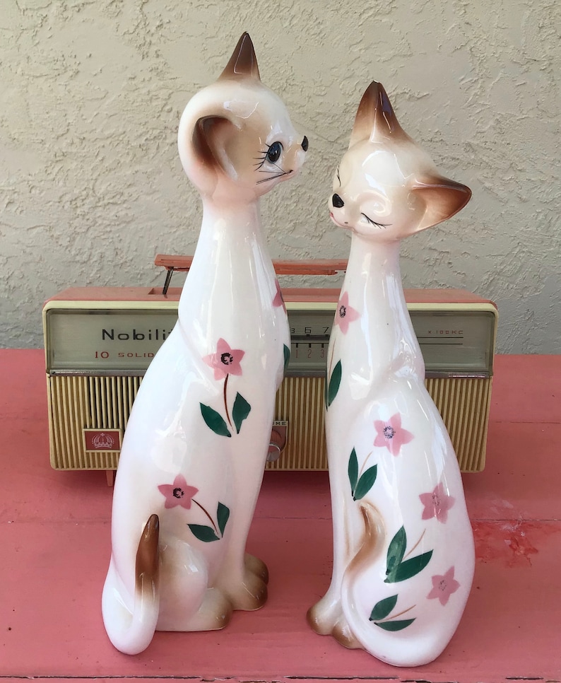 Large Vintage 50s Inarco PAIR of Floral Cats MCM Decor Ceramic Figurines 14 and 13 inches