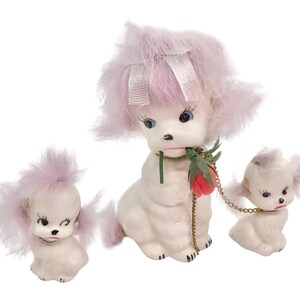 Vintage Enesco Ceramic Dog Figurines: Lavender Hair Kitsch Decor