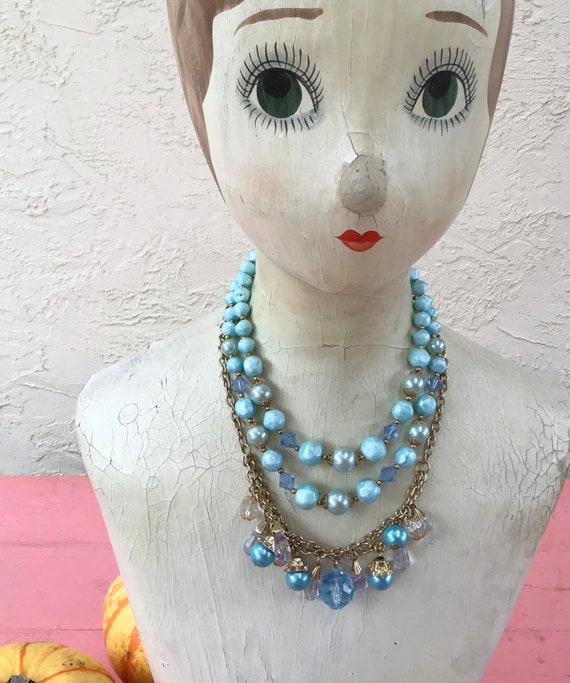 Vintage Baby Blue Lot of 2 Bead Necklaces Lisner … - image 2