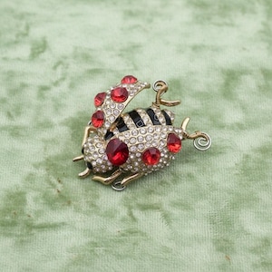 以下が含まれることがあります： 赤とクリアクリスタルのアクセントが付いた、金色のてんとう虫のブローチ。てんとう虫の羽には赤い宝石が飾られ、体には白と黒のストライプがあります。ブローチは装飾的なアクセサリーです。