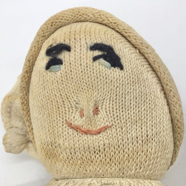 Vintage Handmade Sock Doll Odd Oddity Aged Shabby Smiling Benevolent Face Creepy Cute