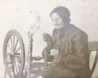 Antique Photograph Old Woman Grandma Sewing Antique Spinning Wheel Picture