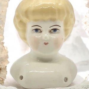 Vintage Small German Reproduction White China Doll Head Porcelain Yellow Hair