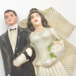 Distressed Vintage Wedding Cake Topper Ceramic Bride and Groom