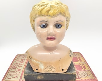 Vintage Distressed Metal German Minerva Doll Head Kooky Creepy Paint Oddity