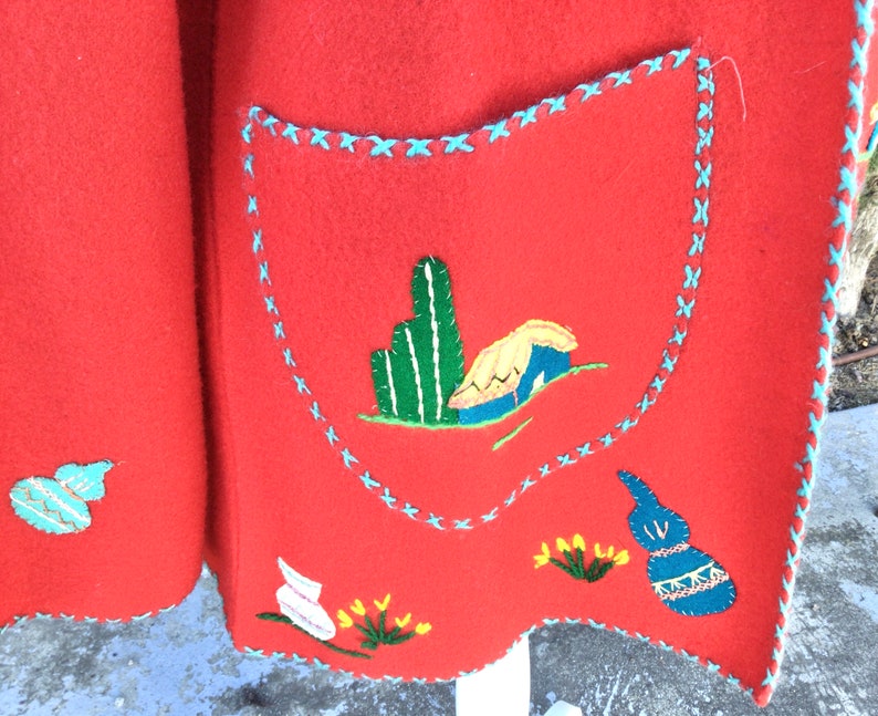 Unisex Vintage 1950s Mexican Tourist Souvenir Red Wool Jacket Medium Large image 4