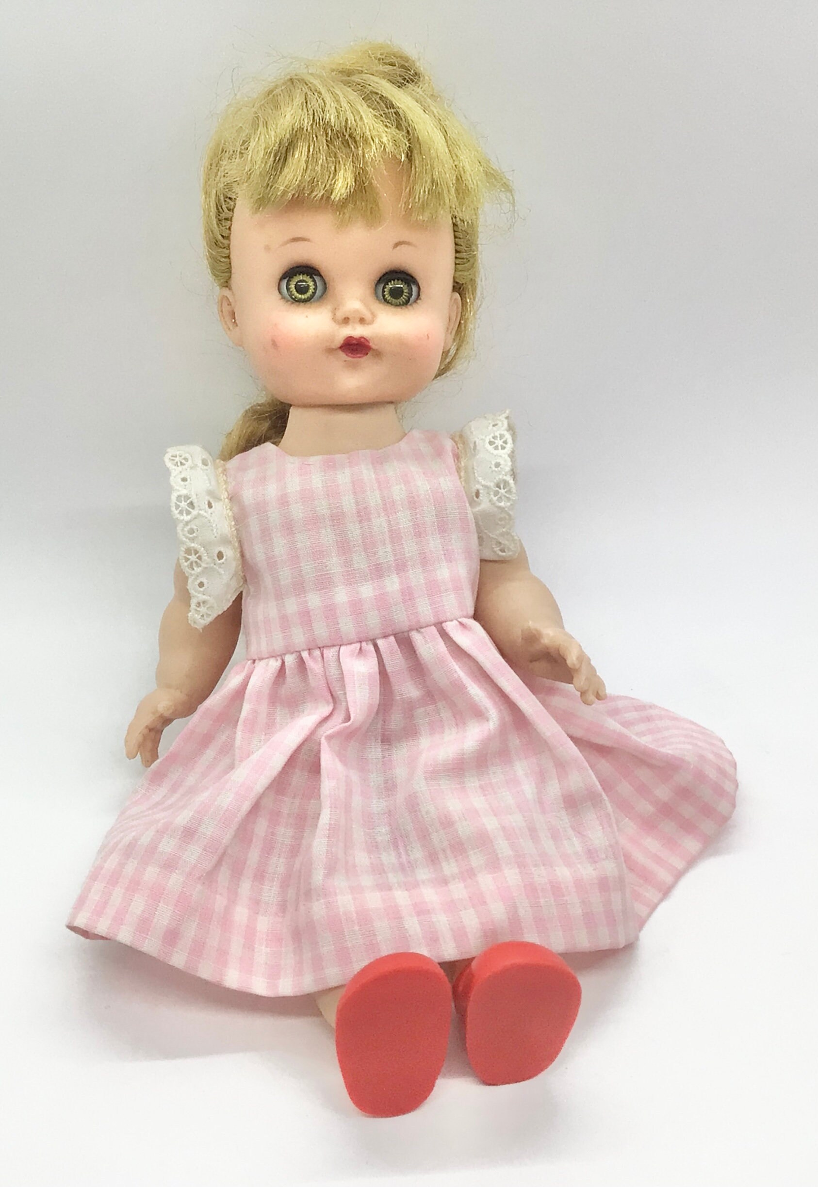 Vintage 1960s Eegee Doll Cute Pink Gingham Dress Red Shoes