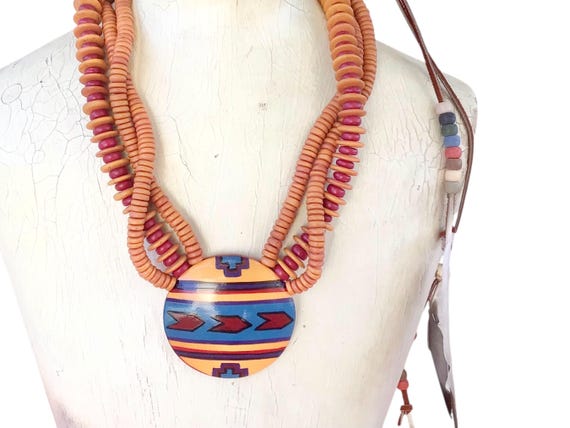 Vintage 80s Native American Style Wood Bead Necklace Bold Pendant View 3