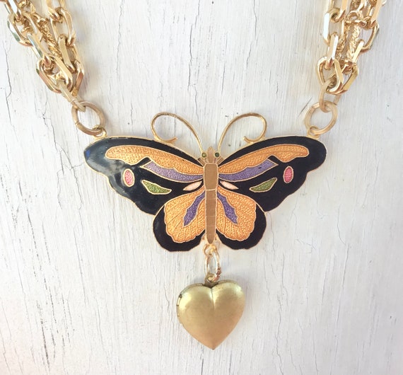 Vintage Cloisonné Butterfly Heart Necklace Gold T… - image 9