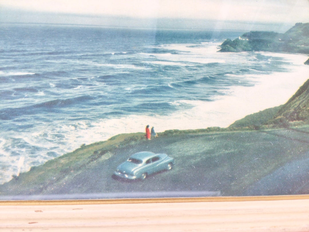 Blue 1950s Car Parked by the Beach Vintage Wall Art Print Summer