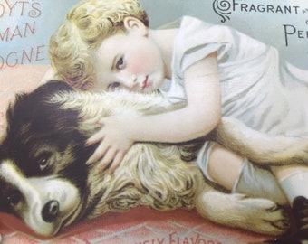 Girl with Dog Vintage 90s Metal Sign Antique 1800s Reproduction Hoyt’s German Cologne Shabby Romantic Decor