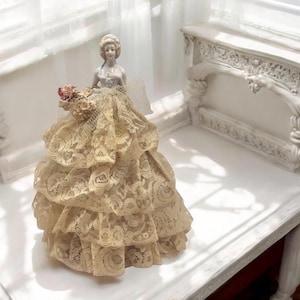 Vintage Porcelain Half Doll: Lace Dress, Fabric Flowers, Boudoir Decor