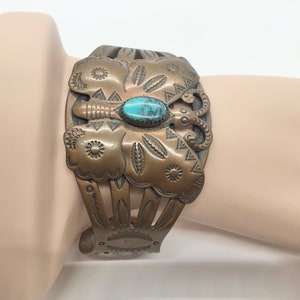 Vintage 1970s Solid Copper Butterfly Adjustable Cuff Bracelet Faux Turquoise Bohemian Boho Style