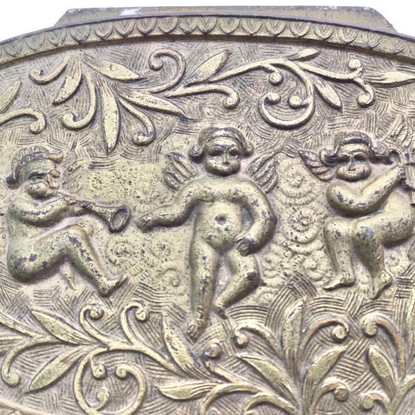 Small Bronze Tone Jewelry Casket Shabby Victorian Triple Cherub Angel Red Velvet Lined